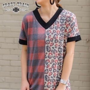 Crazy Train Tee Shirt leopard and check red black tan size Medium v neck
